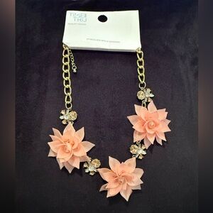 Gold Tone Floral Statement Necklace Blush Pink Flowers Rhinestone Accents